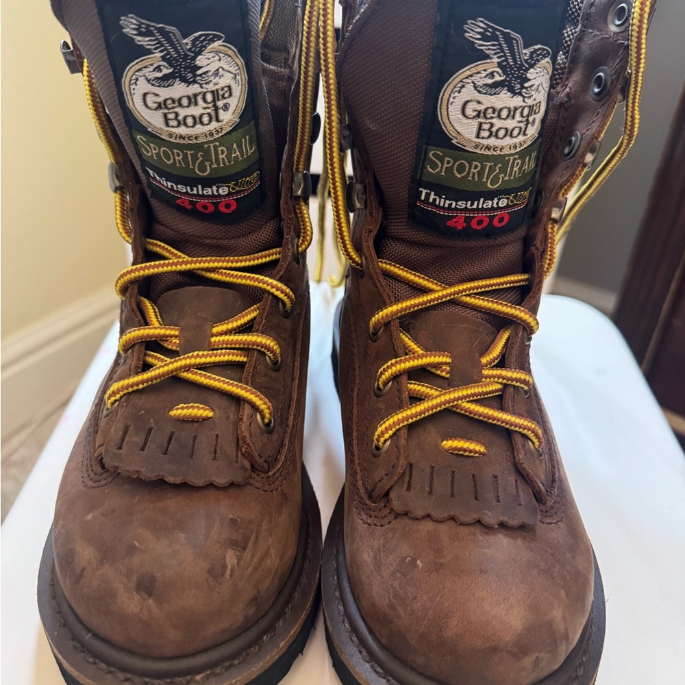 Georgia Boot Brown Leather Work Boots with Yellow Laces